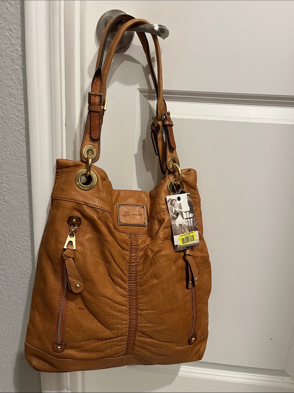b. makowsky Cognac Leather Shoulder Tote with Gold Hardware